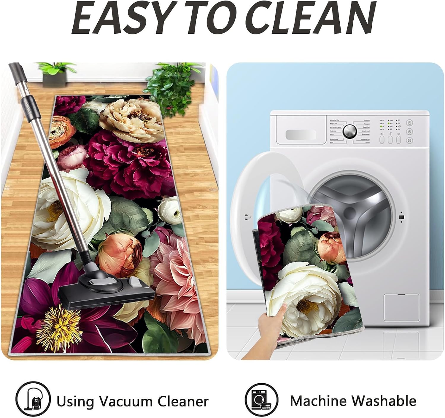 Kitchen Mats for Floor 2 Piece Set Elegant Flowers Non Slip Kitchen Rugs Washable Medieval Aesthetics Floor Mats Burgundy Red Thick Area Rug Runner for Hallway Entryway Laundry Bathroom