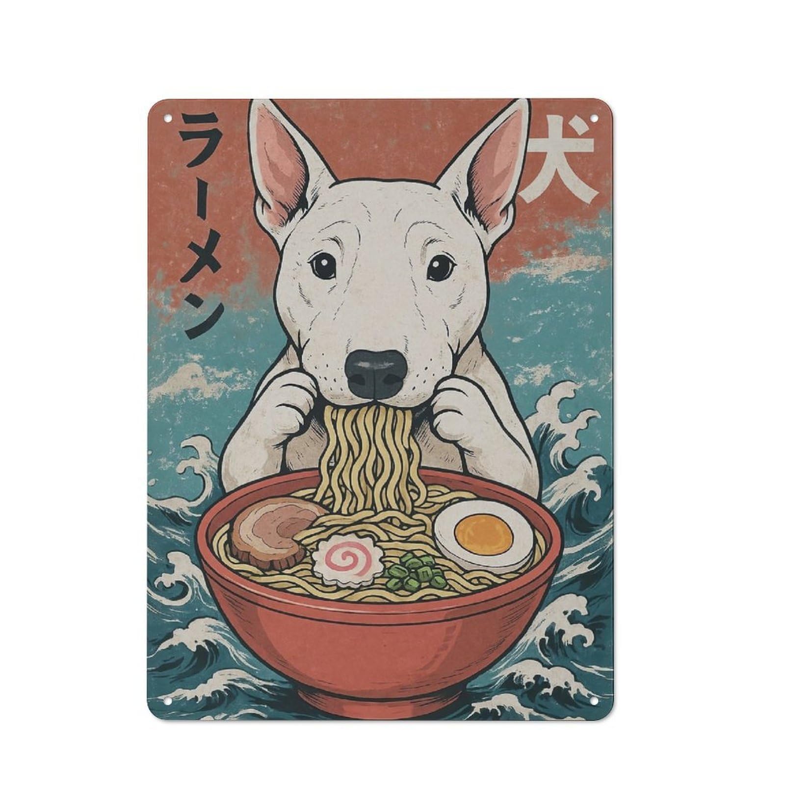 English Bull Terrier Eating Ramen Character Metal Wall Decor 40x30cm, Vintage Metal Sign for Home, Shop, Pub Or Studio Wall