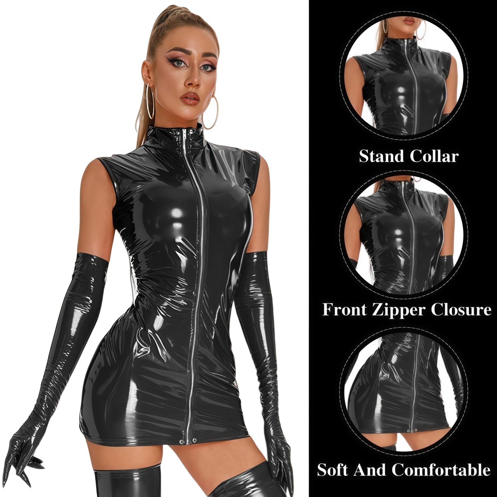 Mini abito da donna in pelle lucida, senza cuciture, senza cuciture, per discoteca, senza maniche, con chiusura lampo frontale, abito corto attillato, con colletto alto, per feste