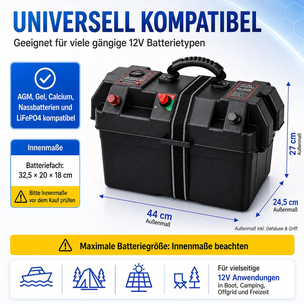 NEMAXX® BB260 Skrzynka akumulatora 12V z woltomierzem, wyłącznikiem głównym, gniazdem 12V, 2x USB, wyłącznikiem 16A, biegunami plus/minus oraz pasem mocującym – do kempingu, łodzi, kampera i offgrid