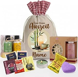 Personalisiertes Wellness Geschenkset „Eine kleine Auszeit“ im Geschenkbeutel – gefüllt mit Wellness-Artikeln – als Geschenk für Männer zu Weihnachten, Geburtstag, Valentinstag, Vatertag