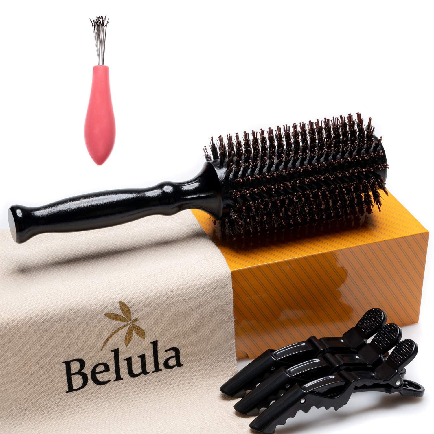 Belula Add Volume Hair Set - Detangling 2.4" Boar Bristle Brush for Long, Curly or Any Hair Type, and Round Brush for Blow Drying, Restores Shine