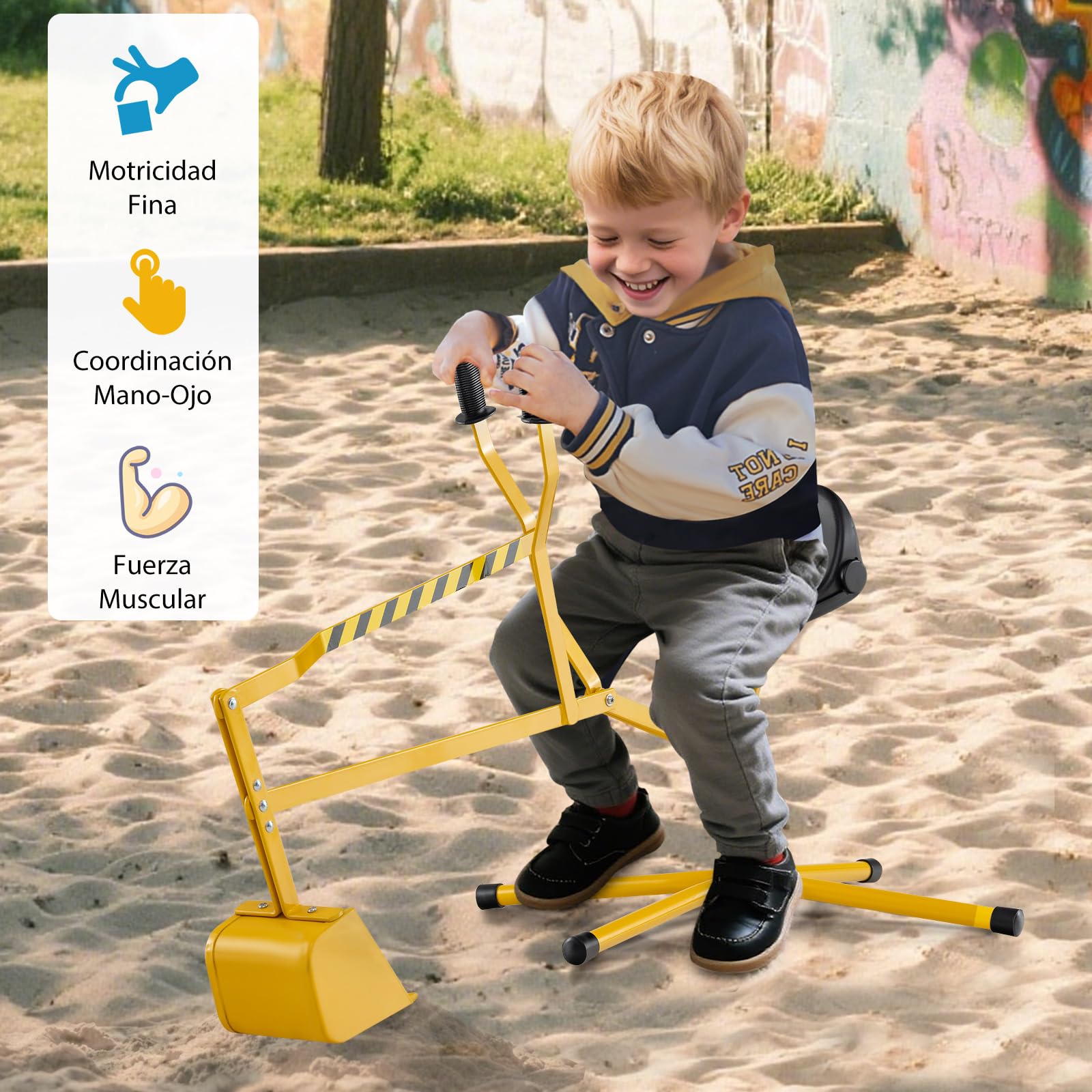 GOPLUS Juguete Excavadora para Niños con Base Giratoria de 360°, Juguete Construcción para Arenero Controles con Dos Manos, para Arena Tierra Nieve, Excavador Metálico para Niños de 3+ Años (Amarillo)