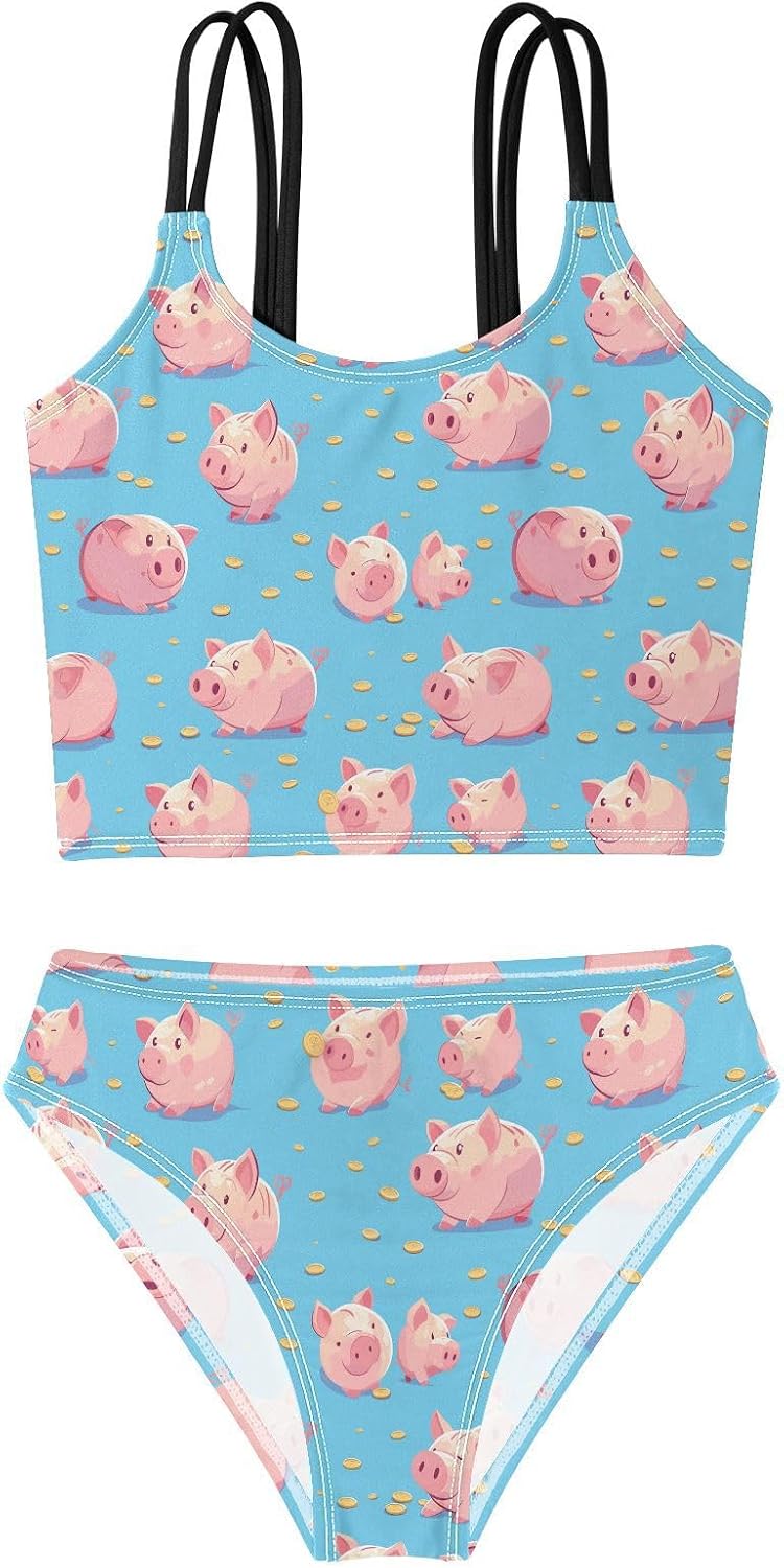 visesunny Girls Two Piece Swimsuits Pink Coin Bank Pig Girl's Bikini Sets Bathing Suits for Girls Size 5-12Y