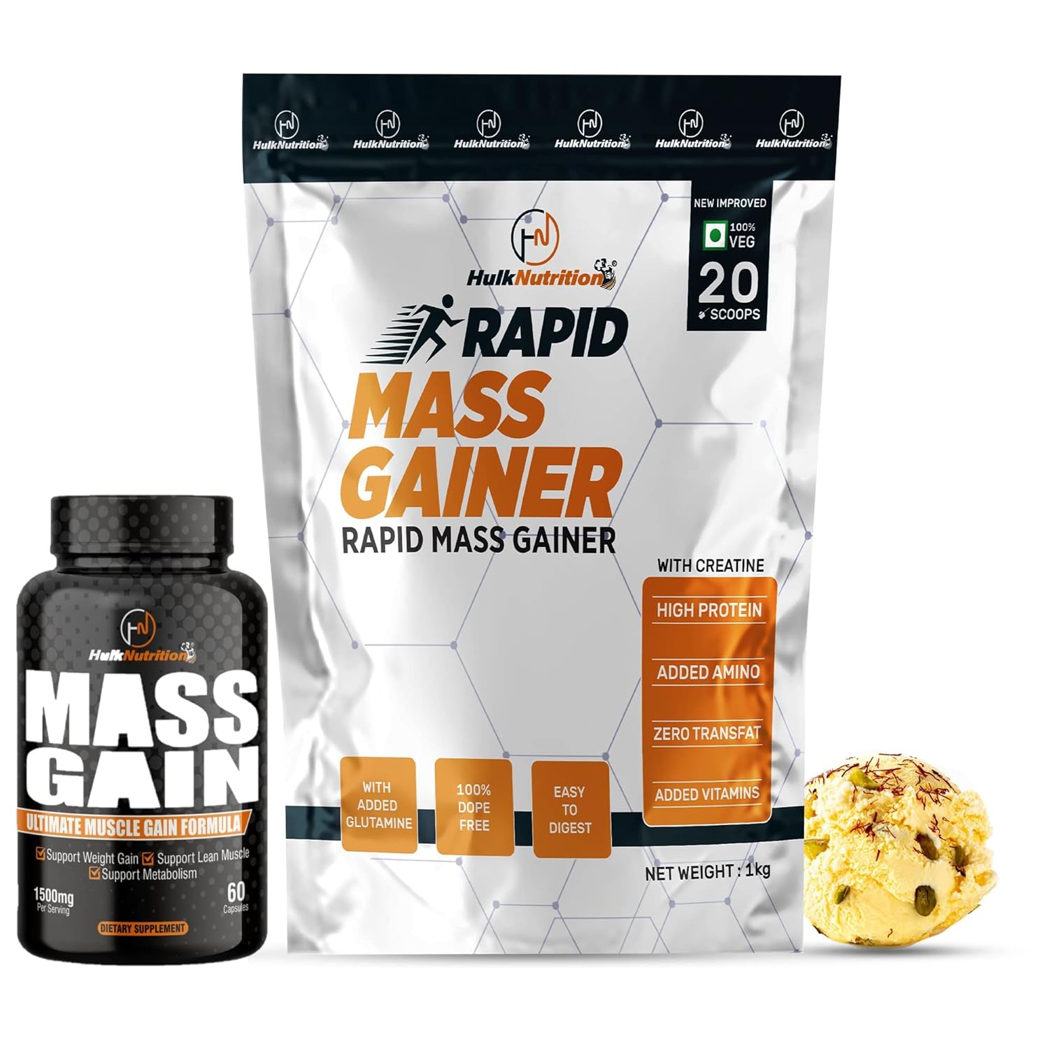 Hulk Nutrition Rapid Weight Gainer, High Protein Muscle Mass & Weight Gainer with L-Glutamine, Creatine Monohydrate, EAA & Digestive Enzymes | Post-Workout Protein Powder for Muscle Gain | Whey Protein + Muscle Builder Weight Gainer Protein Powder for Men & Women [Kesar Pista, 1 Kg / 2.2 lb] Free Hulk Nutrition Bulk Gain Mass & Weight Gainer Capsule – 60 Cap.