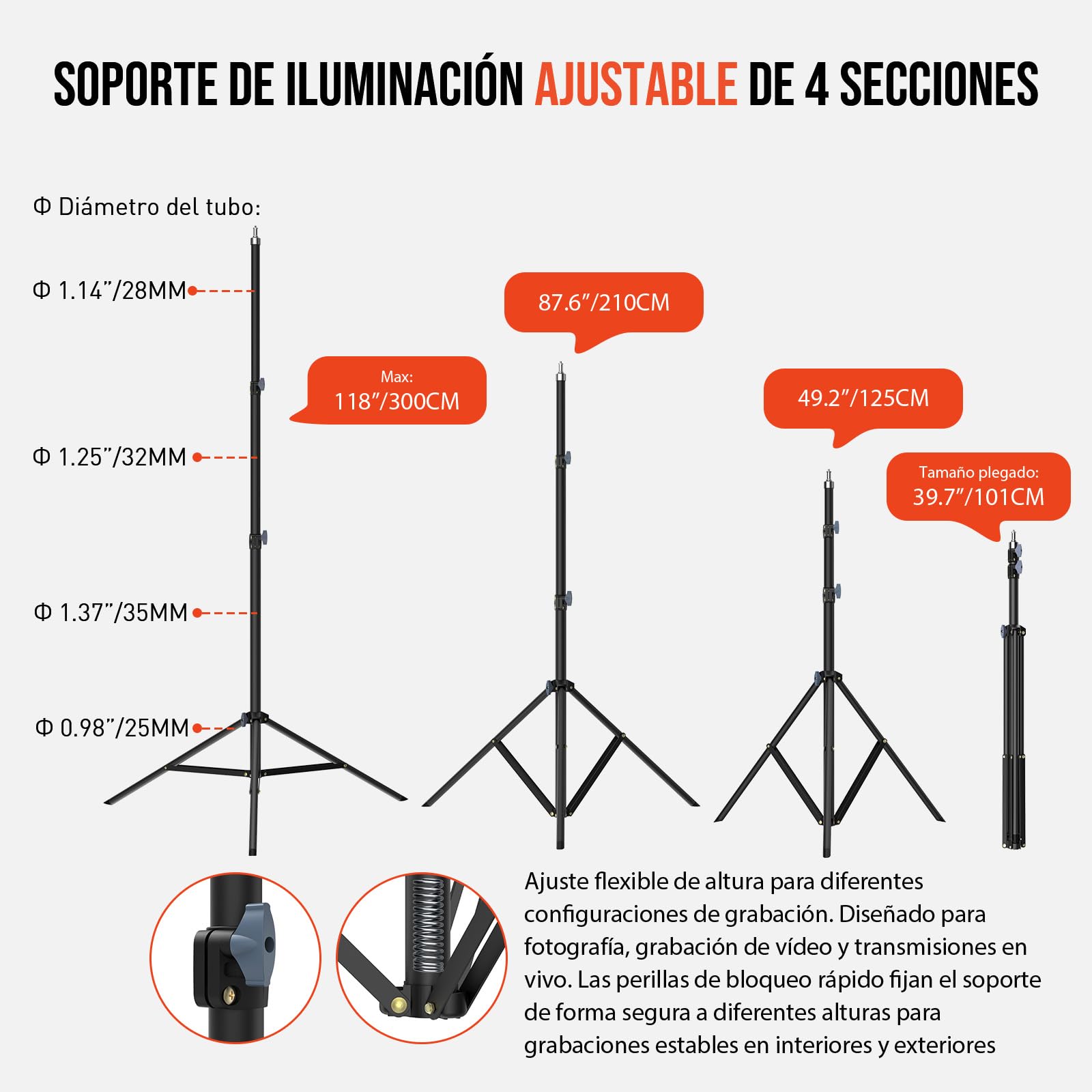 Trípode de luz para fotografía de 118 pulgadas, 10 pies, 300 cm: trípode profesional con muelle de aire, trípode de luz estable, con rosca de 1/4 pulgadas para estudio, luz de anillo, softbox