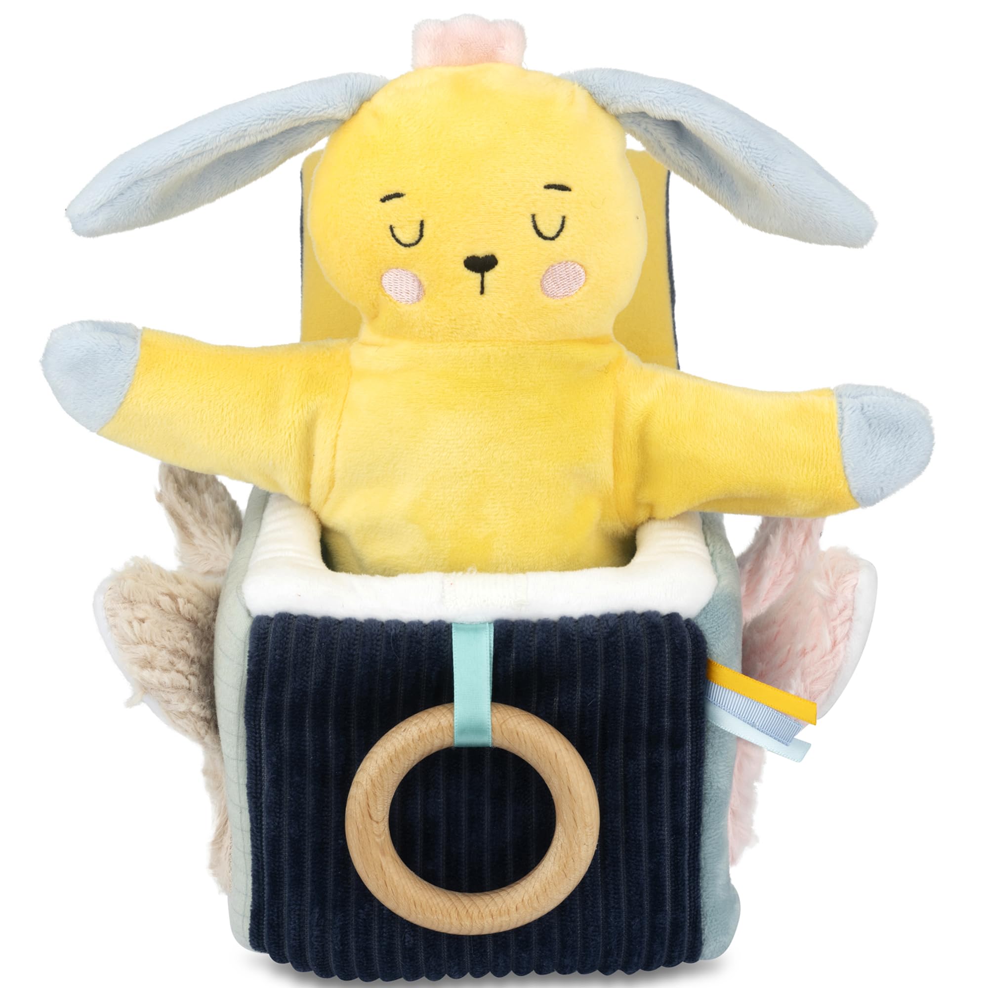 Joester Wellbeing Baby Activity Cube with Hand Puppet, Soft Plush Educational Toy, Sensory Learning Block with Wooden Teething Ring & Squeaker
