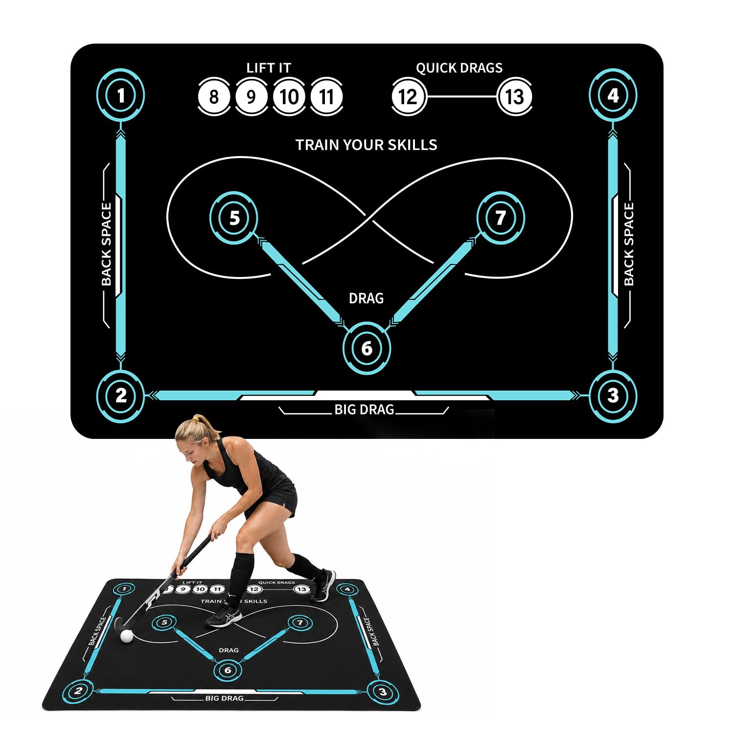 Field Hockey Training Mat, Portable Indoor Field Hockey Training Equipment, Stickhandling Practice Pad with Skill Markings for Kids Adults, Non-Slip Floor Mat for Ball Control