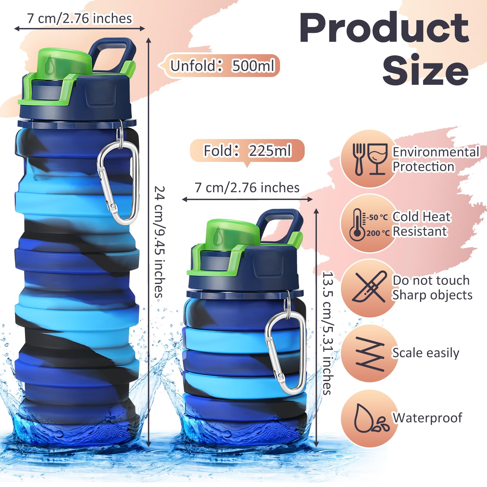 Sunnyray Faltbare Wasserflaschen, 500 ml, Silikon, faltbar, tragbar, auslaufsicher, Reise-Wasserflasche, wiederverwendbar, Camouflage, Sportflaschen mit Clip für Wandern, Camping, 14 Stück