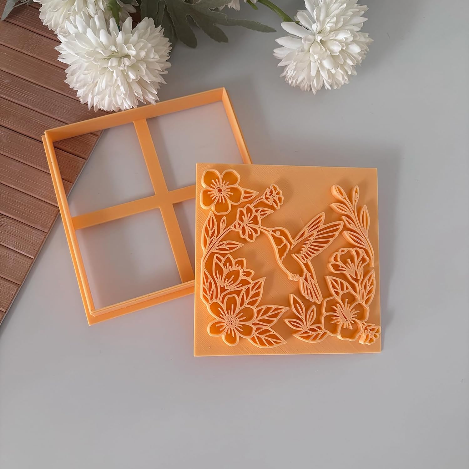 Mouldix Hummingbird Floral Clay Stamp & Square Cutter Set, Polymer Clay Pottery Embossing Tool, Ceramic Tile Cutter, 4 Inch