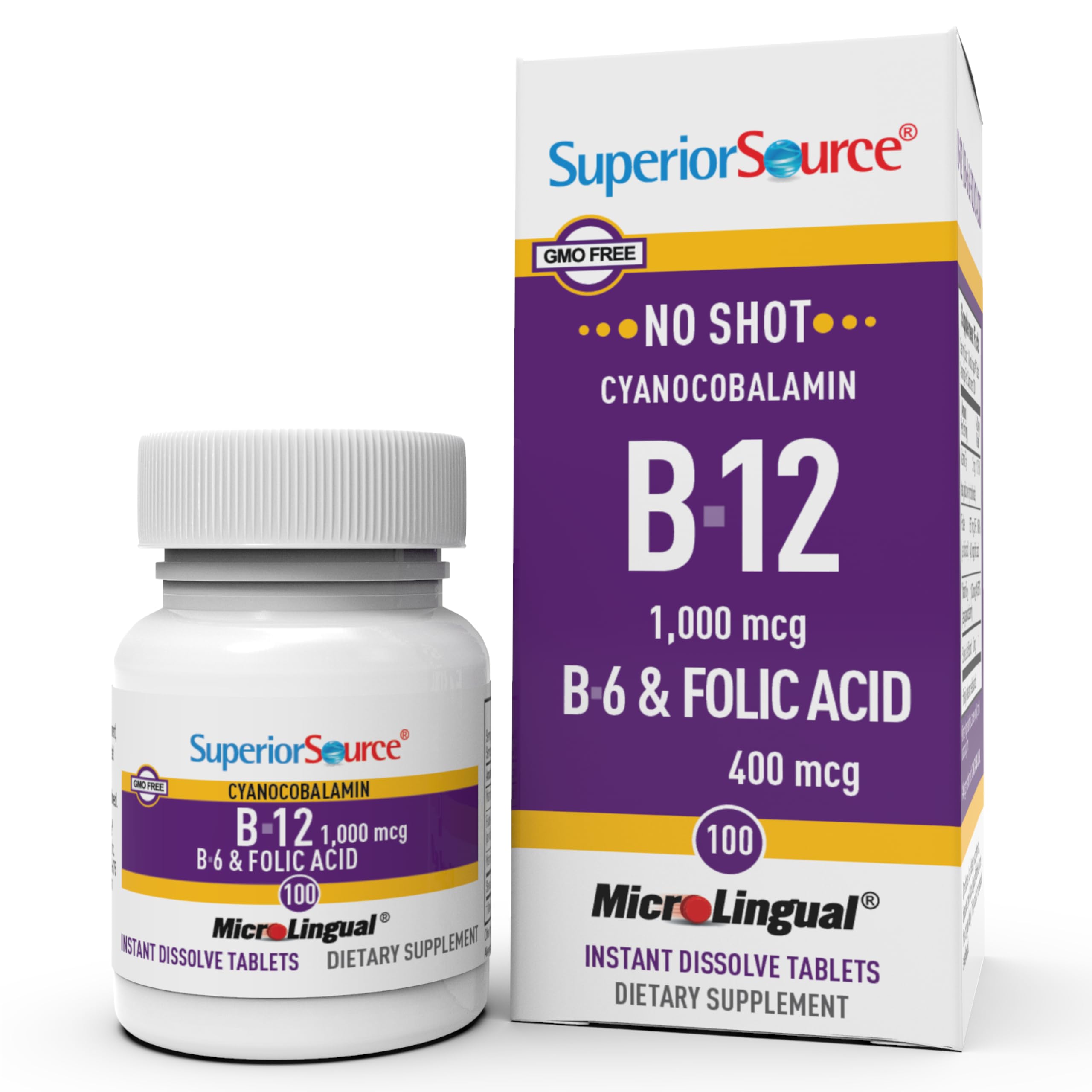 Superior SourceNo Shot Vitamin B-12 Cyanocobalamin 1000 mcg, B-6, Folic Acid 400 mcg - Support Brain & Heart Health - Aids Natural Energy Levels - 100 Sublingual Dissolving Tablets