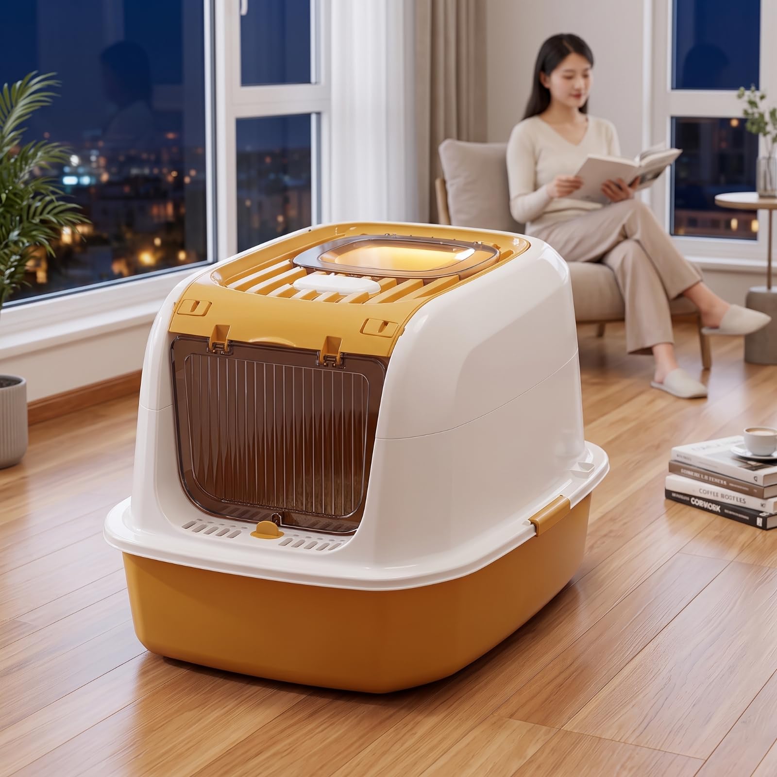 Arenero Cubierto Ventilado Caja con Tapa Gran Banja Sanitaria para Gatos, Interior, Marrón