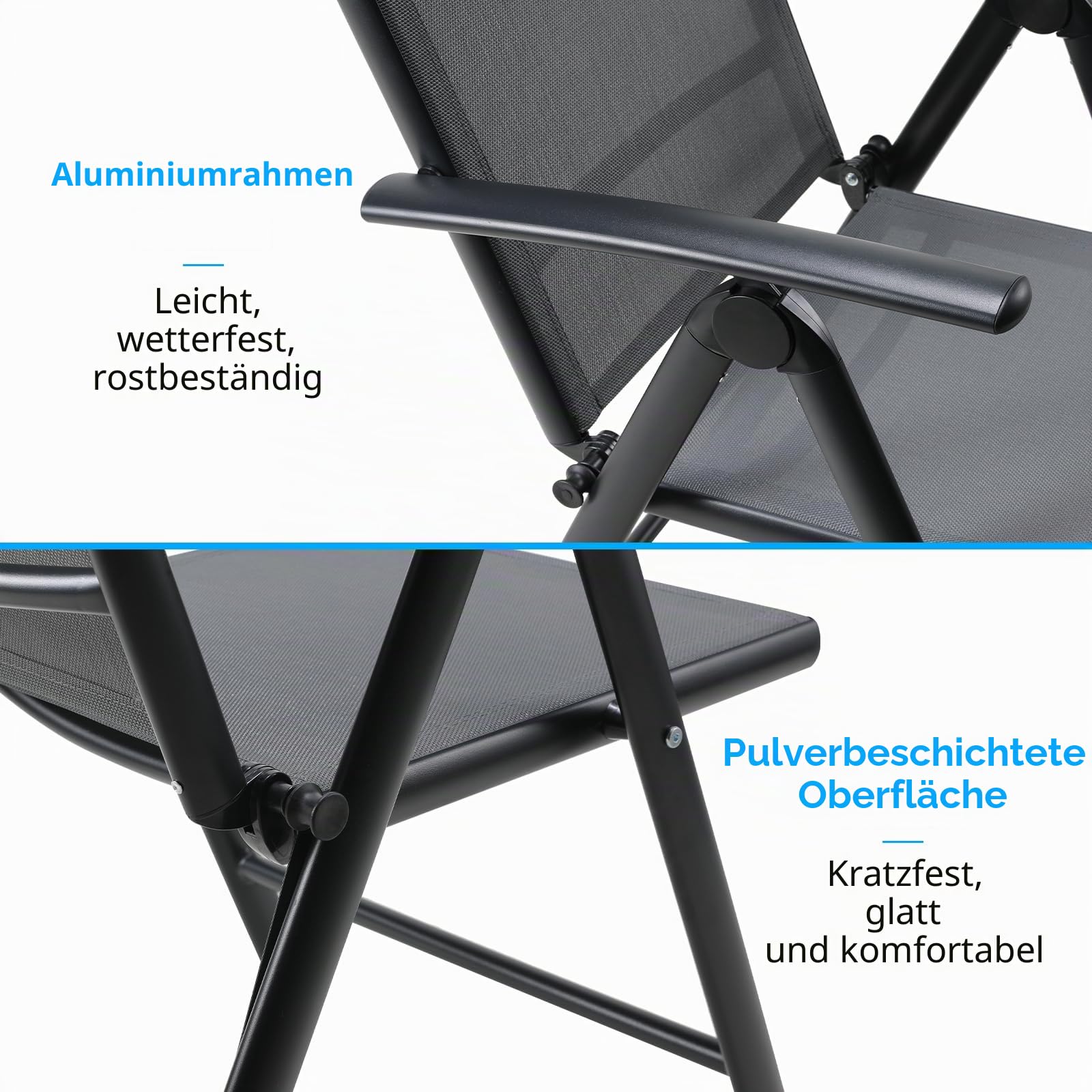 LIFERUN Gartenstuhl Hochlehner Klappbar, Alu Balkonstuhl 2er Set | Gartenstühle 7-Fach Verstellbar bis 120kg, Gartensessel Outdoor, Wetterfest, Klappstuhl Campingstühle, Dunkelgrau
