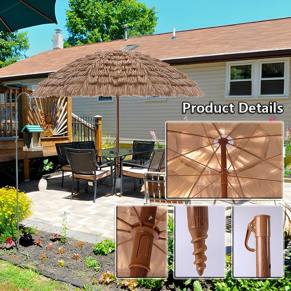 Hula Thatched Tiki Umbrella 5/6.5/8FT Hawaiian Beach Parasol with Tilt 8 Ribs Outdoor Tiki Umbrella for Pool Backyard(240cm/7.8ft)