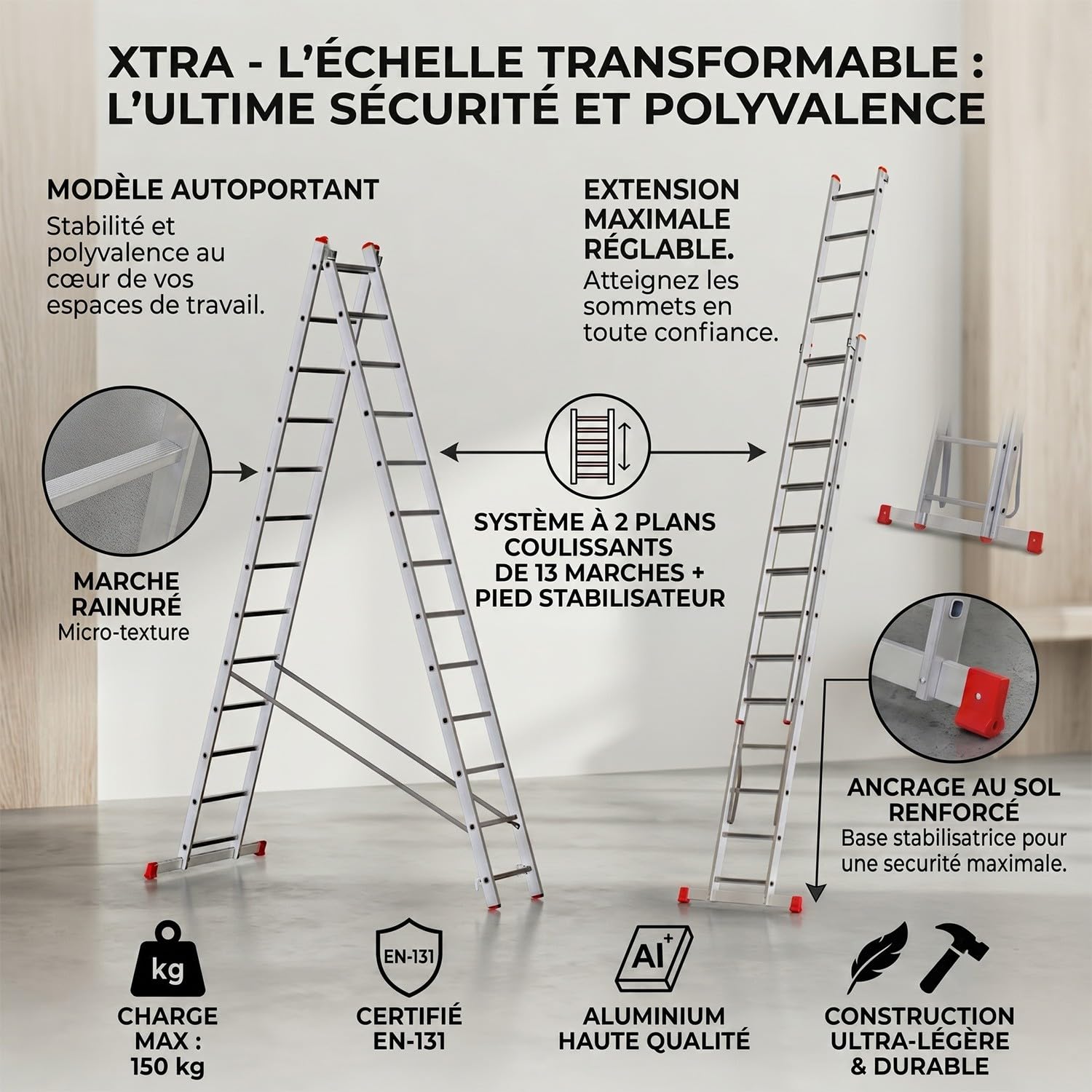 Xtra Echelle Transformable en Aluminium 2 Plans 13 marches