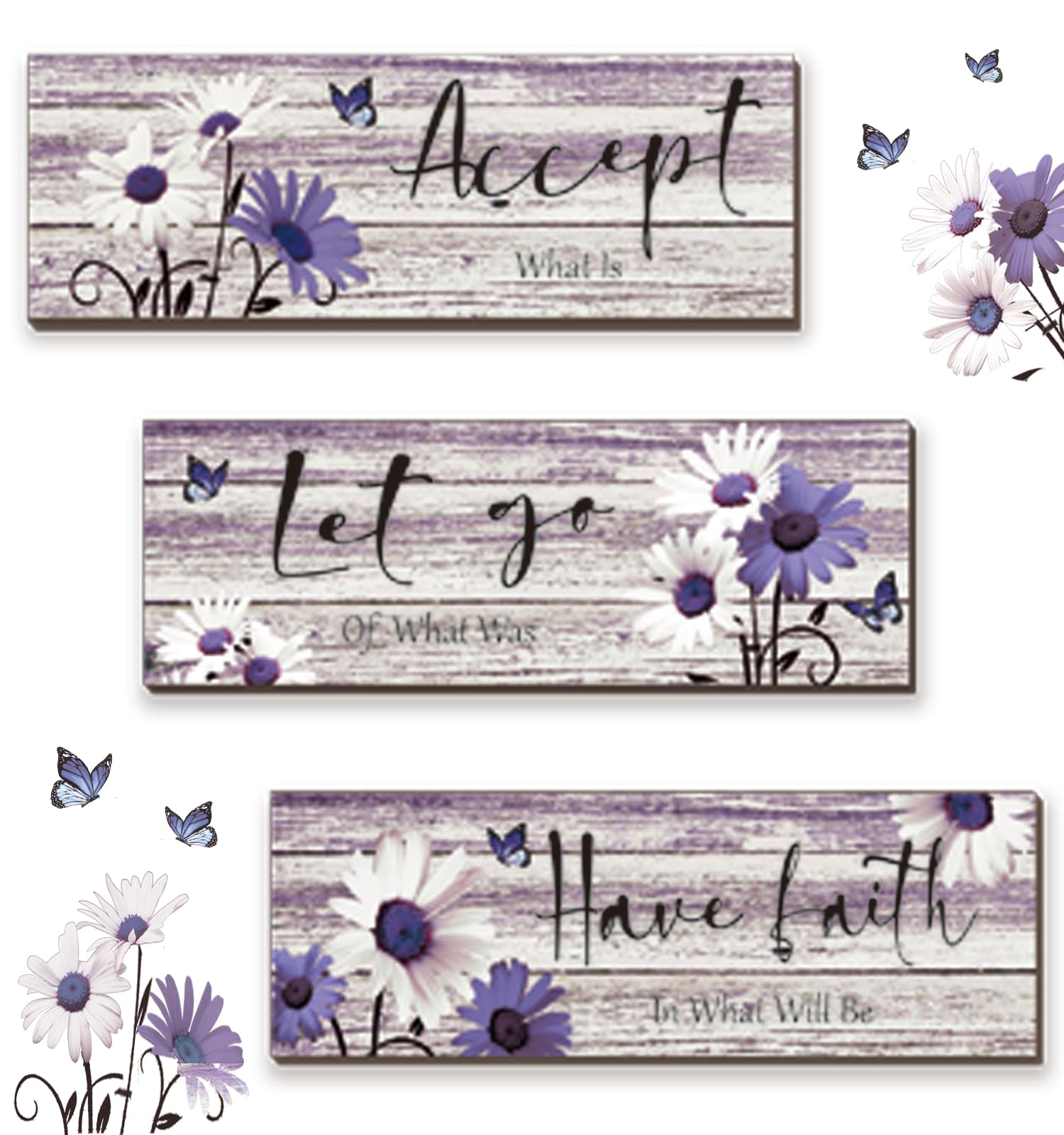 ZINYAZHE 3 Pcs Farmhouse Bathroom Wall Decor Purple Daisy Floral Flowers and Butterfly Purple Bathroom Wall Art for Home Laundry (12x4 Inch)