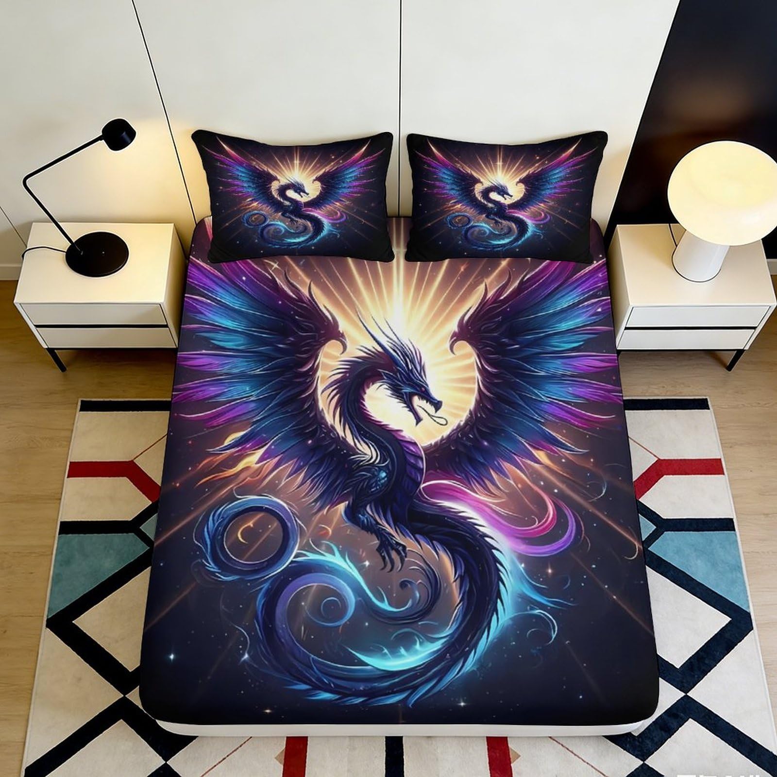 3D Printed Dark Dragon Fitted Sheet Microfiber Fantasy Fire Wing Mattress Cover for Bedroom Guest Room Decor Washable 90x200x25cm