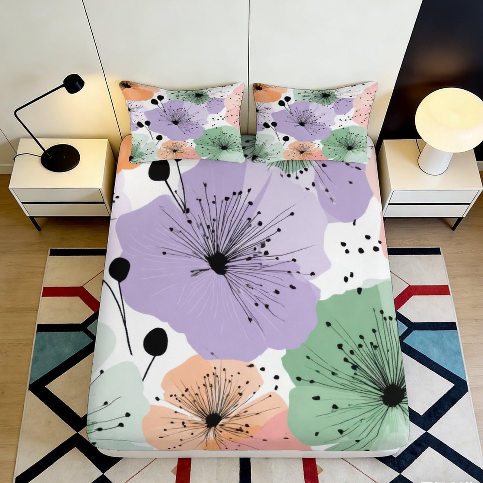 3D Printed Pastel Poppy Fitted Sheet Microfiber Soft Botanical Floral Bed Cover for Bedroom Guest Room Easy Care 90x200x25cm