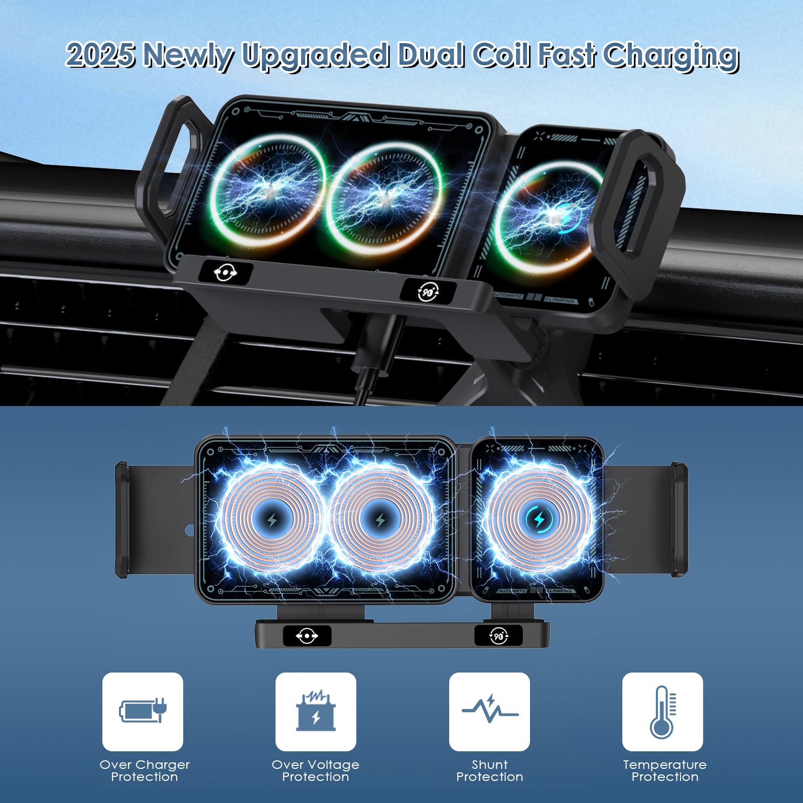 Supporto per cellulare auto per Galaxy Z Fold 7 6 5 4 3 2 con funzione di ricarica 15 W Dual Coils QC 3.0 Fast Wireless Charger Auto per Z Fold può ruotare automaticamente il supporto auto