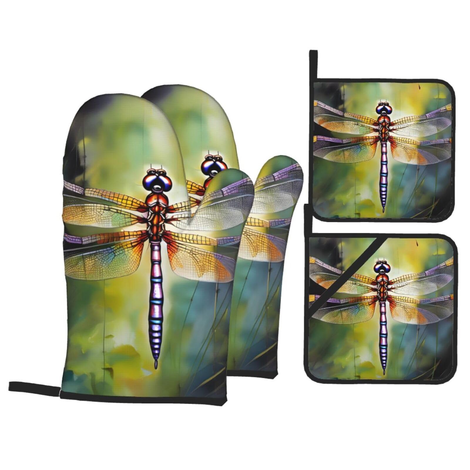 Dragonfly painting Print 4-Piece Heat-Resistant Oven Waterproof Kitchen Gloves Cooking Roasting Essential