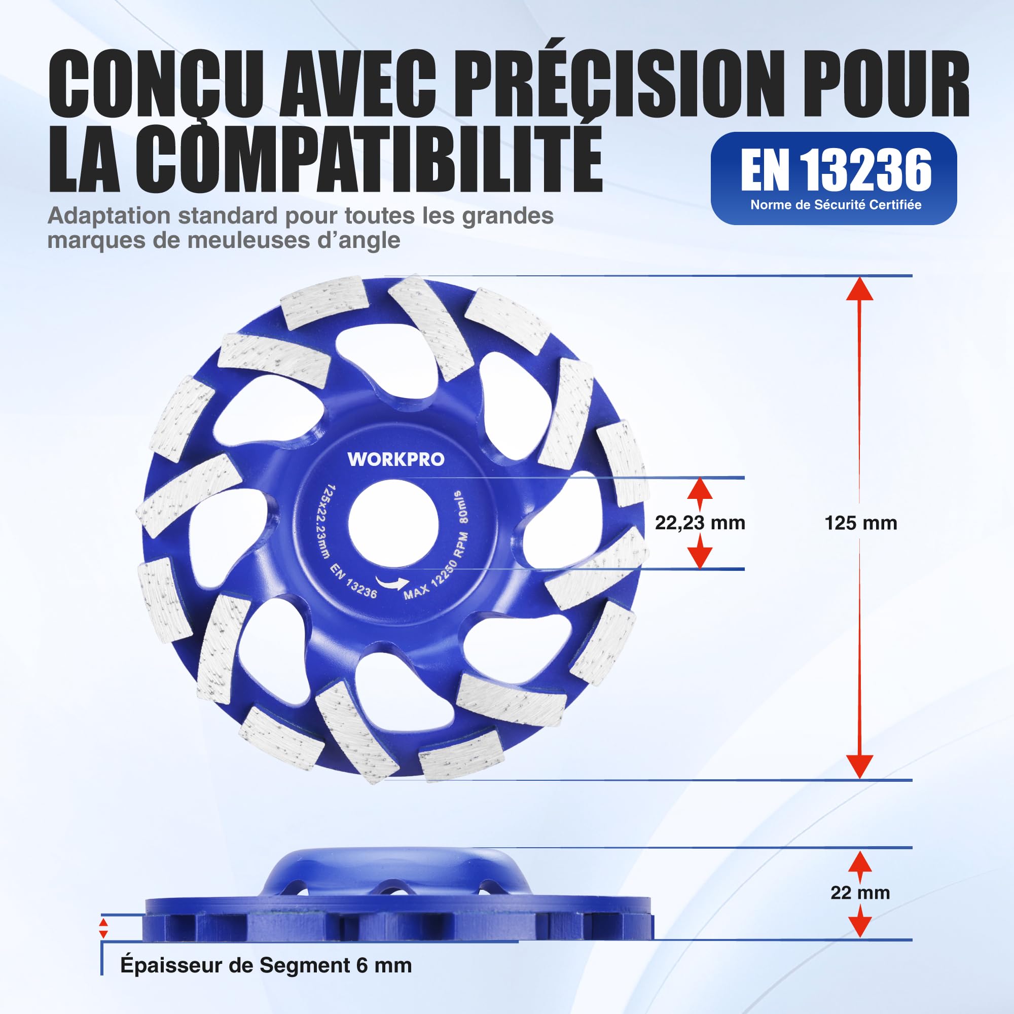 WORKPRO Meule Diamant Béton 125 mm 16 Segments, Disque de Meulage pour Pierre Granit, Épaisseur 6 mm, Faible Vibration, Compatible Meuleuse d’Angle