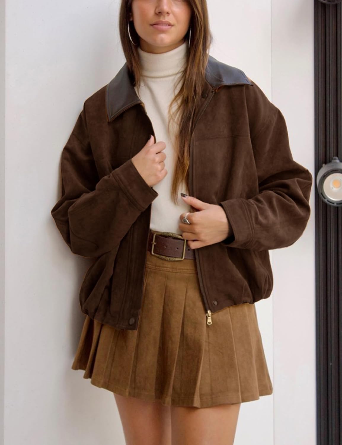 Womens Faux Suede Bomber Jacket Casual Lapel Pilot Cropped Jackets Oversized Motorcycle Zip Up Outerwear Coats - Image 2