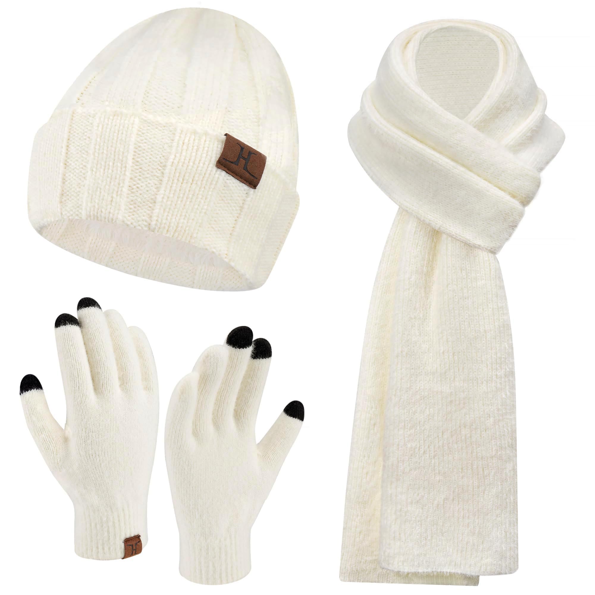 Womens Winter Warm Knit Beanie Hat Touchscreen Gloves Set with Fleece Lined Skull Cap Gloves Set for Women