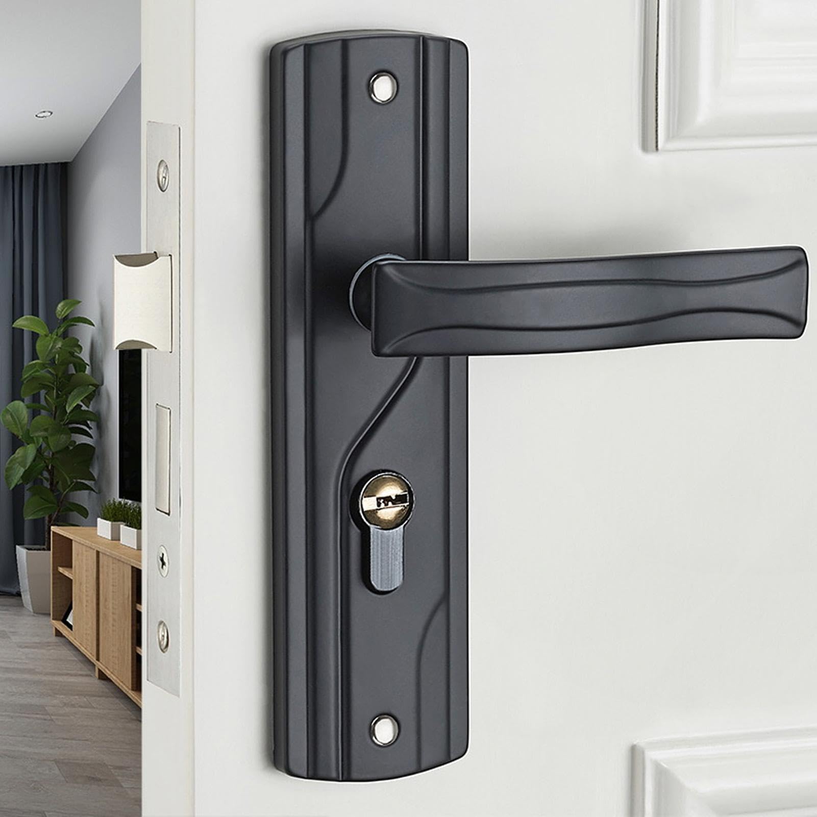 Nikou Cerradura de Manija de Puerta, Manilla Puerta Interior de Acero al Manganeso con Pestillo y Rodamiento Silencioso Universal con Llaves para el Hogar, Dormitorio, Color Negro