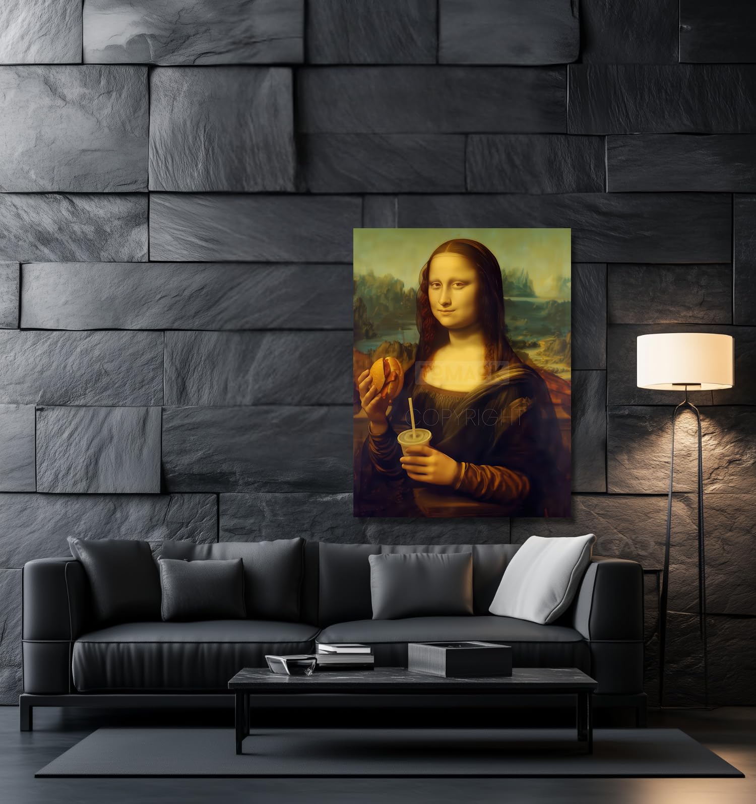 Poster della Gioconda reinterpretato McDonald, Leonardo Da Vinci (cornice non fornita) Parodia Mona Lisa, tema Mac Fast Food, umorismo, decorazione da parete divertente