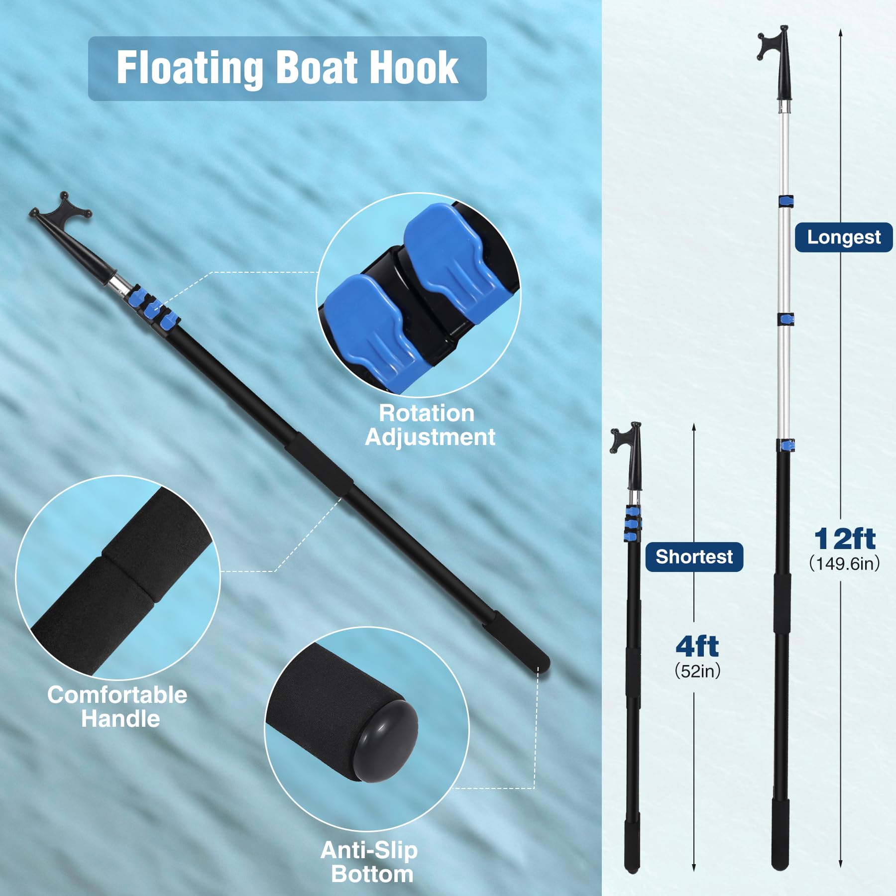 Telescopic Boat Hook Aluminium Heavy Duty, for Docking Boat Hook Floating, Anti Slip Handle Design, Essential Ship Accessories