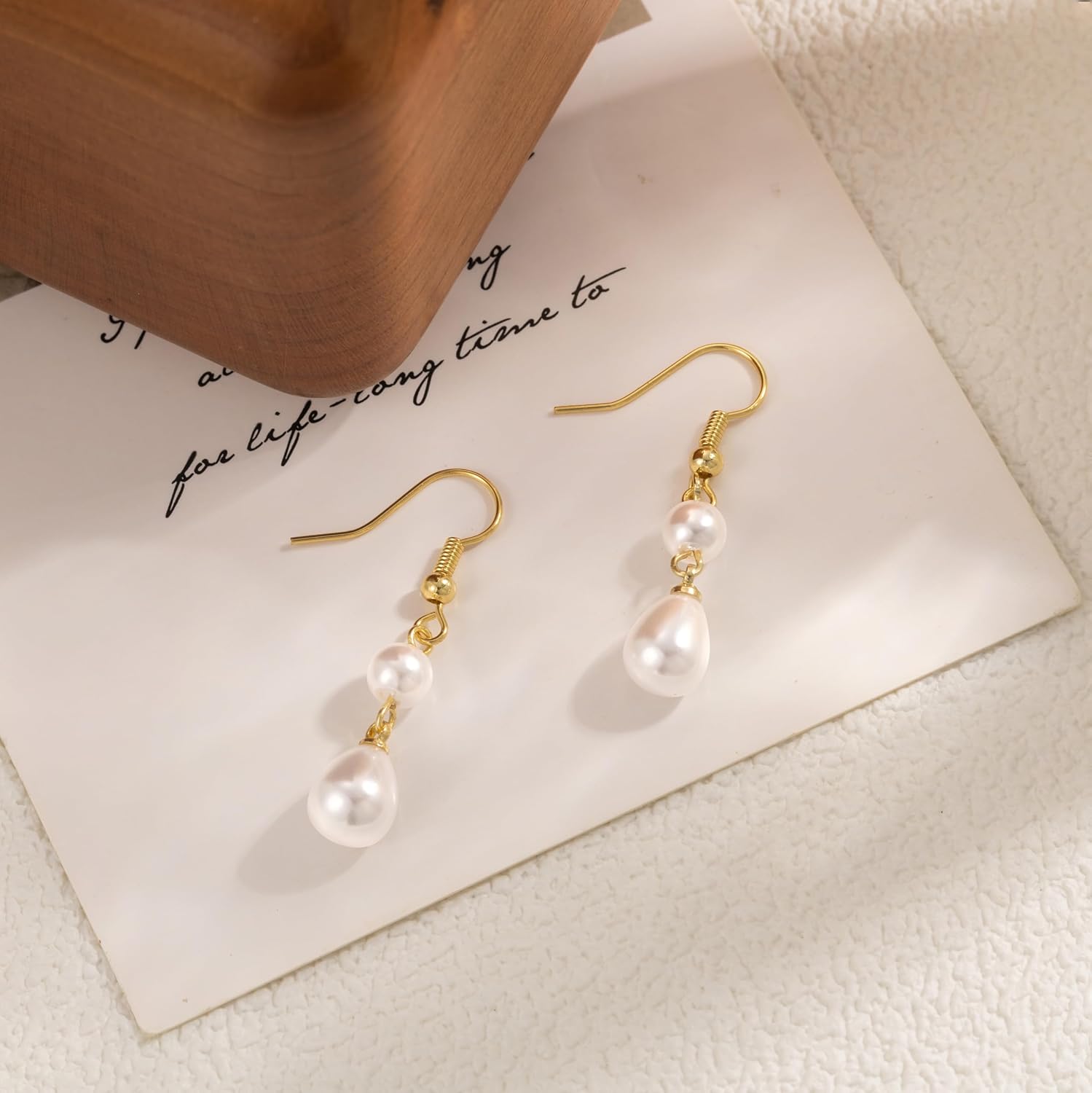 Moodear Dainty Pearl Dangle Earrings for Women - Trendy 14K Gold Plated Pearl Hypoallergenic Drop Earring Wedding Jewelry Gift - Image 6