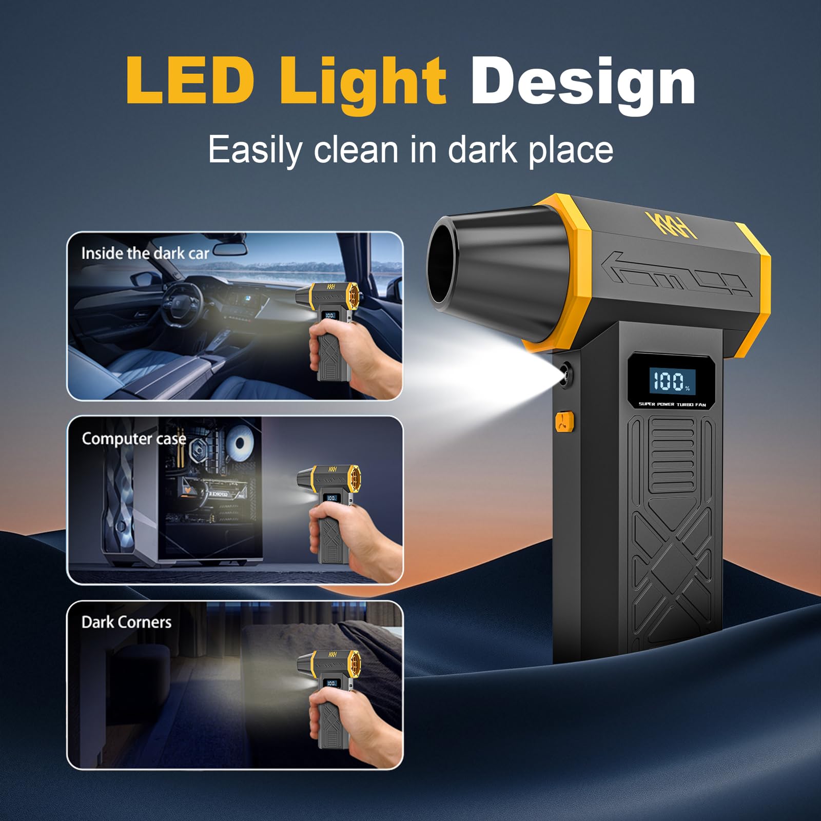KKH Elektrischer Staubwedel, tragbar, mit LED-Licht, leistungsstarker, verstellbarer Turbo-Gebläse, 4 Geschwindigkeiten, 120.000 U/min, für Reinigung, kabellos, wiederaufladbar, für Zuhause, Auto,