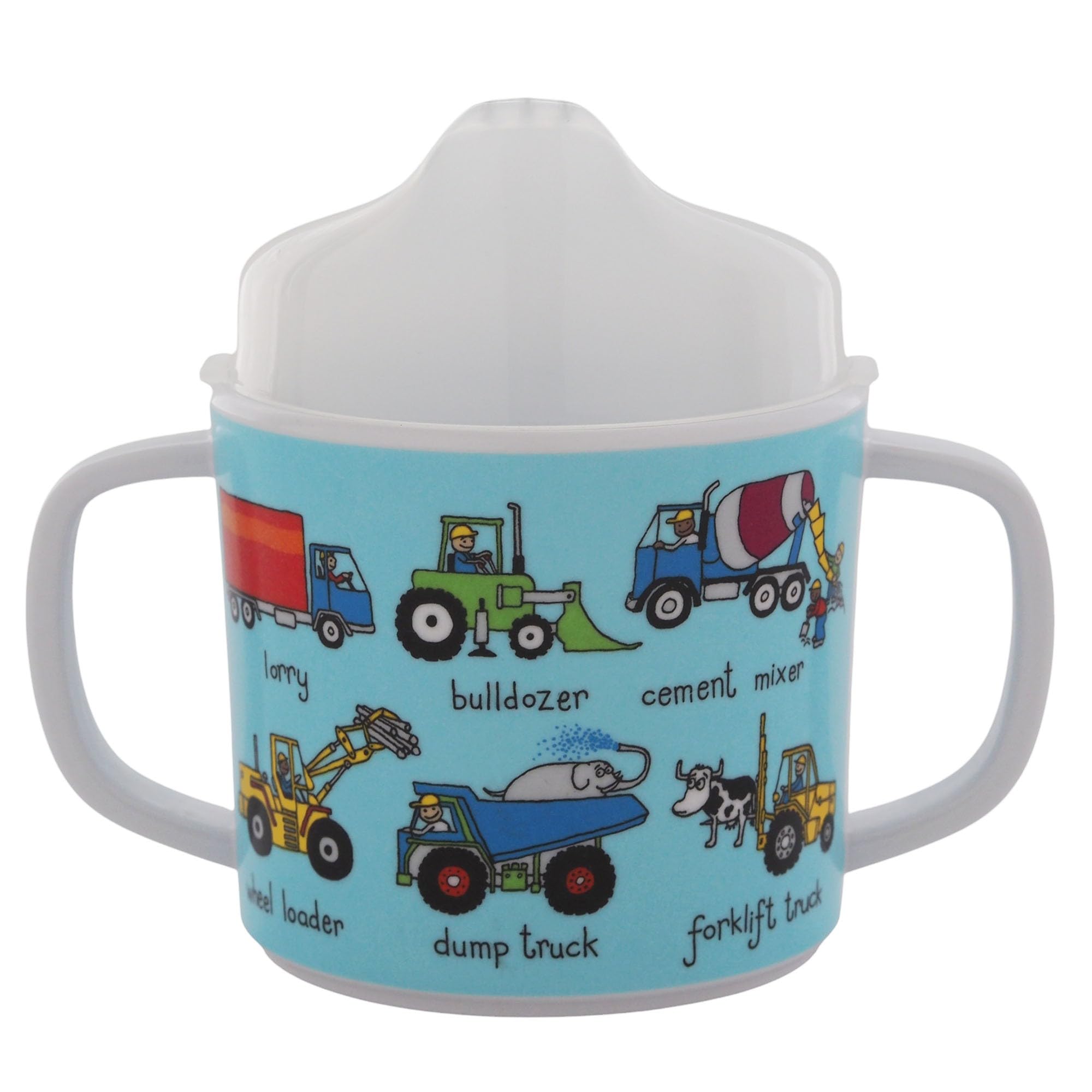 Tyrrell Katz Two-Handled Sippy Cup for Toddlers, Free Flow (No Valve), Removable Lid for Transition to Open Beaker, Anti-Slip Base, BPA Free, Detailed Trucks Illustrations