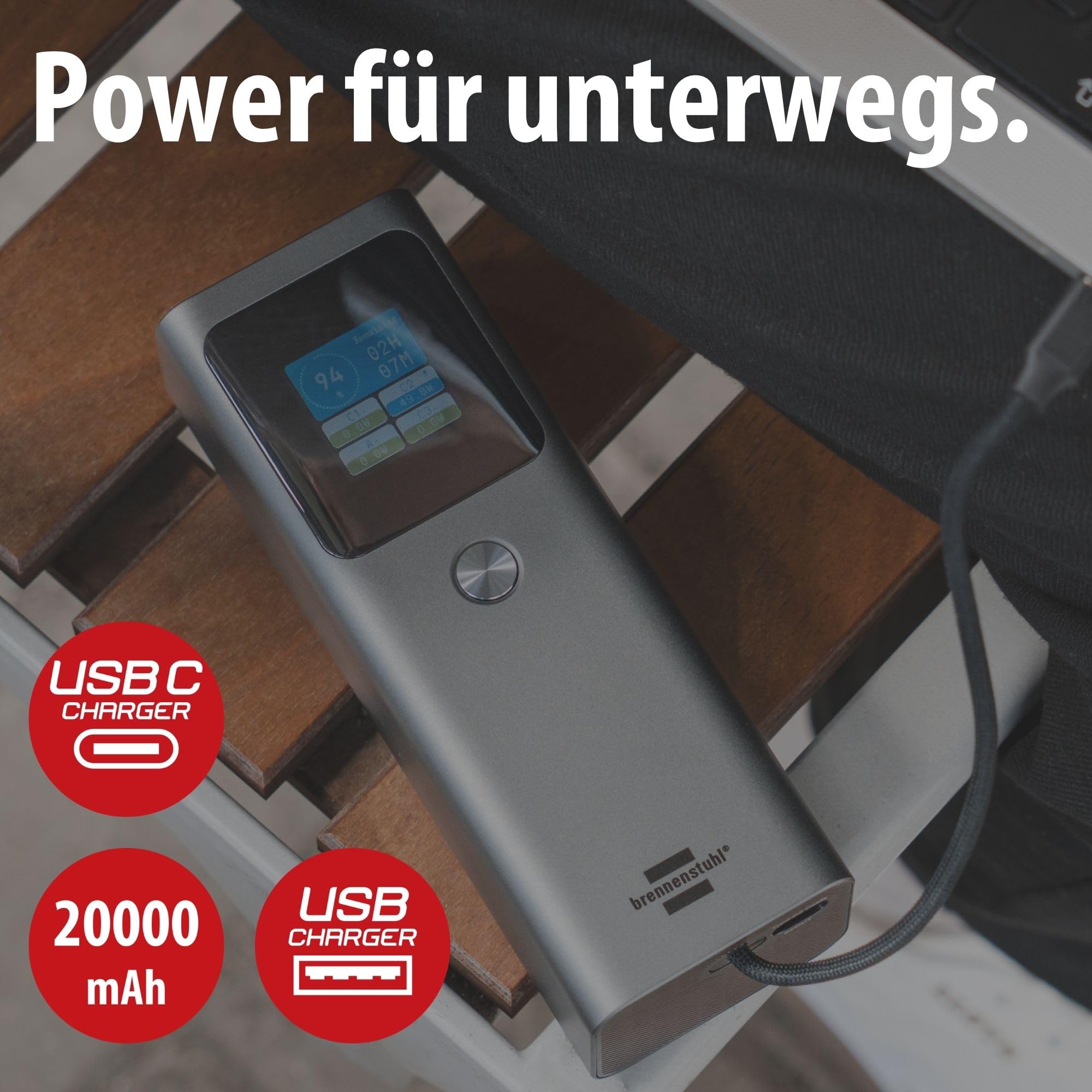 Brennenstuhl Powerbank PB20k 20.000 mAh, USB C 100 W, USB C 30 W, USB A 22,5 W
