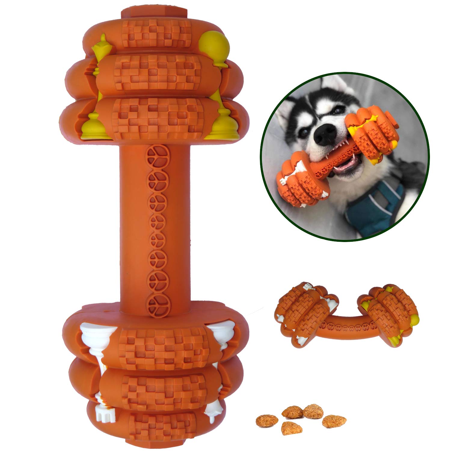 Pet-FunDumbbell - Durable Rubber Boredom Puzzle Treat Toy, Tough & Flexi Teething/Dental Cleaning Chew, Long Lasting Strong Dispenser Feeder for Dogs/Puppy Average Chewers