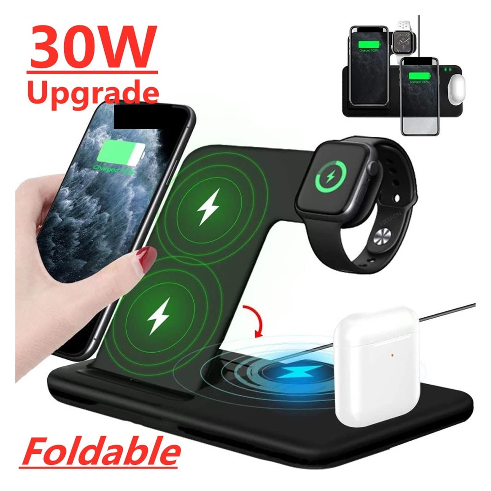 Szybka ładowarka bezprzewodowa 30 W Stojak na telefon Zegarek 4 w 1 Składana stacja ładująca do słuchawek,Uniwersalna kompatybilność(Style 2 30W 4 in 1 B)
