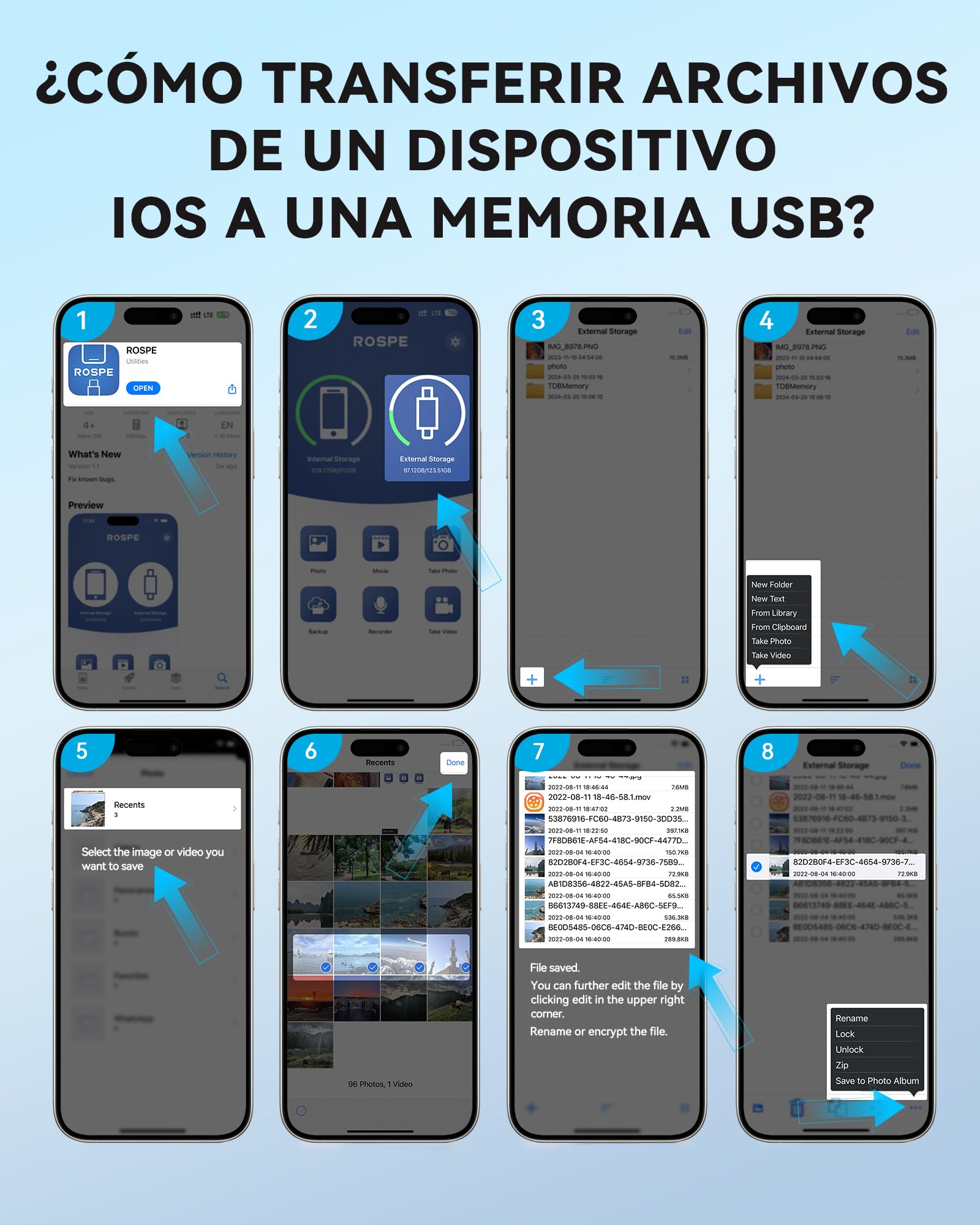 ROSPE MFi Pendrive 256GB para iPhone, Memoria USB Externa para iPhone, Pendrive USB C Lightning Compatible con Phone/iPad, Android y PC, USB 3.0 para Respaldo de Fotos, Videos y Datos de Móvil, Azul