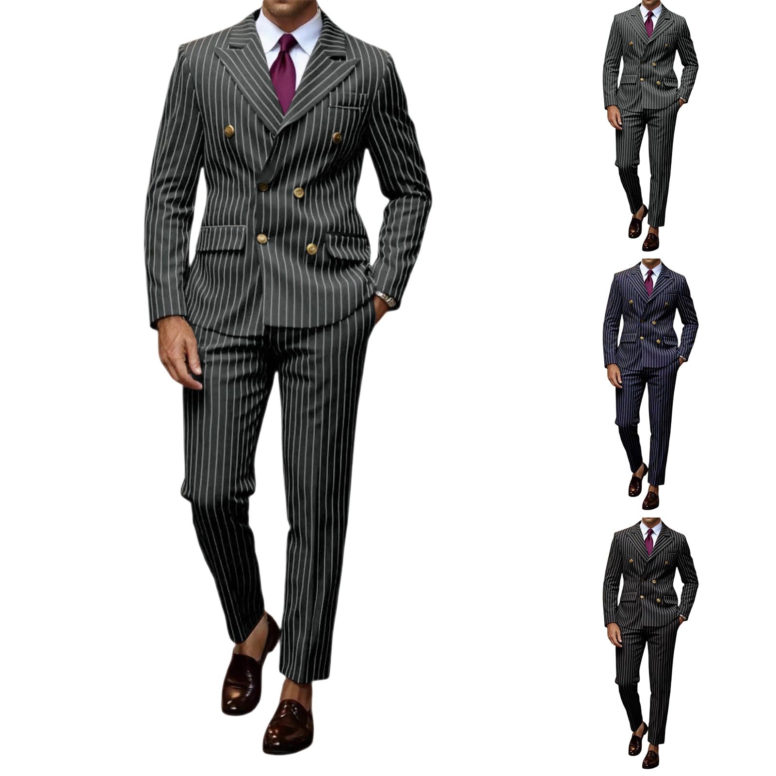 Generisch Ensemble 2 pièces à rayures pour homme - Veste et pantalon décontractés à double boutonnage - Pour mariage - Pour le marié - Combinaison à rayures - Affaires - Smoking - Boutons - Baggy