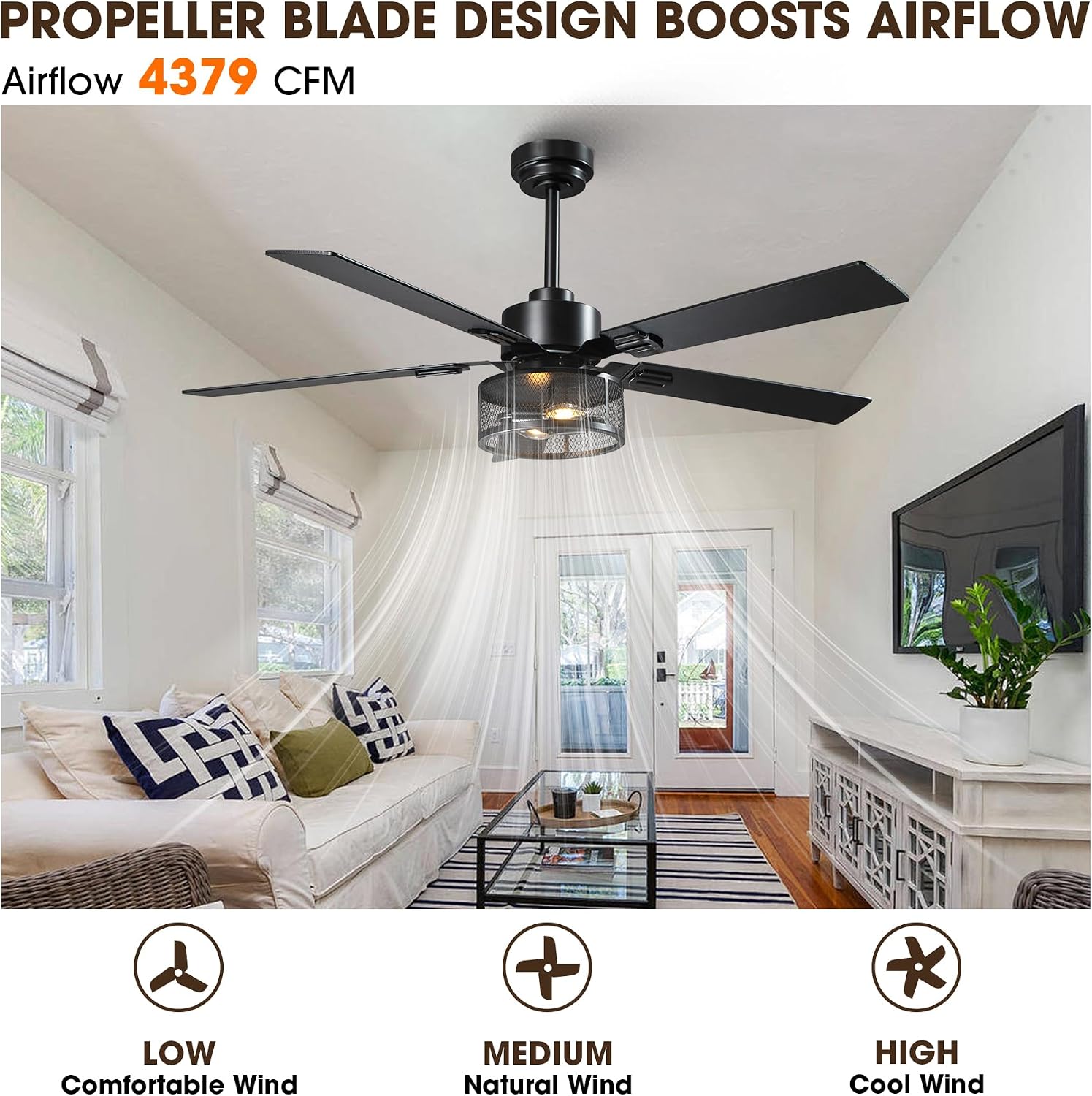 52 Inch Farmhouse Ceiling Fan with Light and Remote, Rustic Caged Ceiling Fans with 6-Speed Reversible Motor, 5 Dual Finish Blades, Outdoor Ceiling Fan for Living Room Bedroom Patio