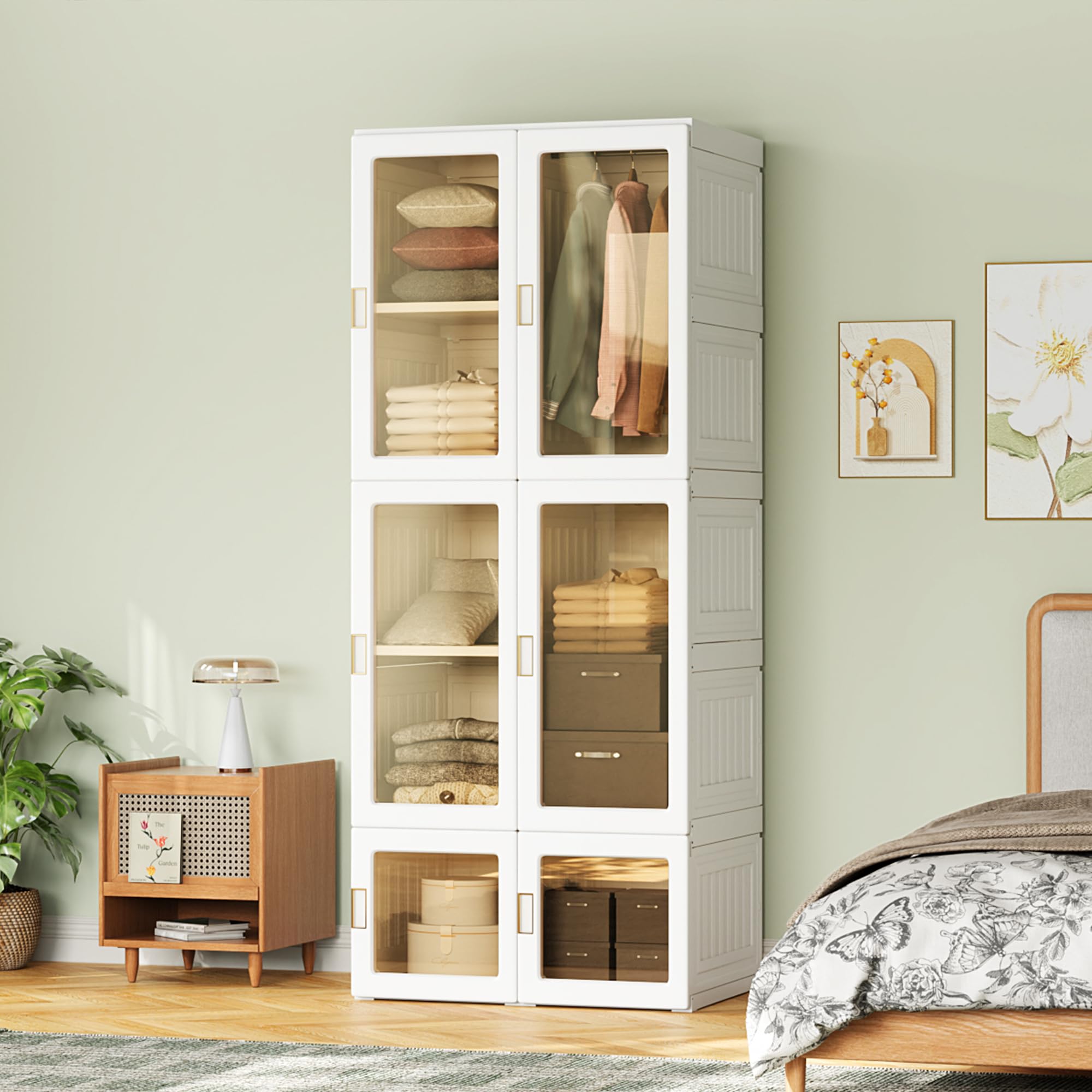 Tragbarer Klappschrank mit 6 Türen, Zusammenklappbarer Kleiderschrank mit Fächern und Kleiderbügel und Magnetverschluss, Tragbar Faltbar Magnetisch Transparent Vielseitig (weiß, 69 x 50 x 170 cm)