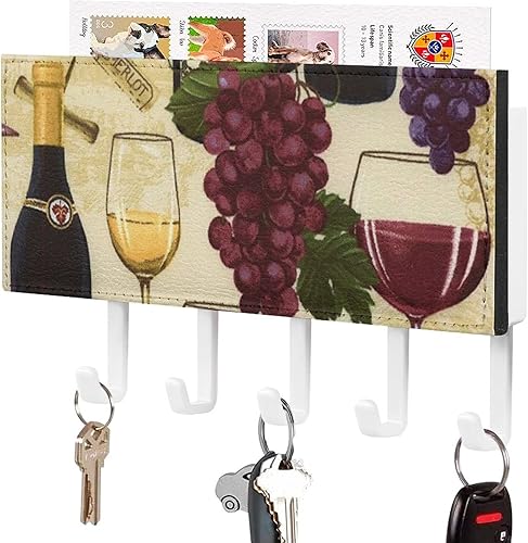 Botella de vino y uva, 5 ganchos, soporte de pared, soporte para llaves, estante organizador para entrada, vestíbulo, pasillo, cocina, oficina,