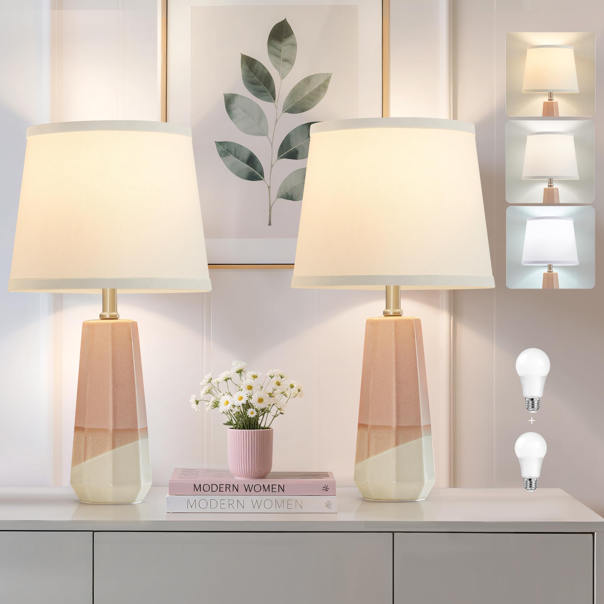 GyroVu 3 Color Temperature Adjustable Table Lamp, Ceramic Lamp Set of 2, Bedside Lamps with Rotary Swtich, Nightstand Lamp for Living Room Bedroom