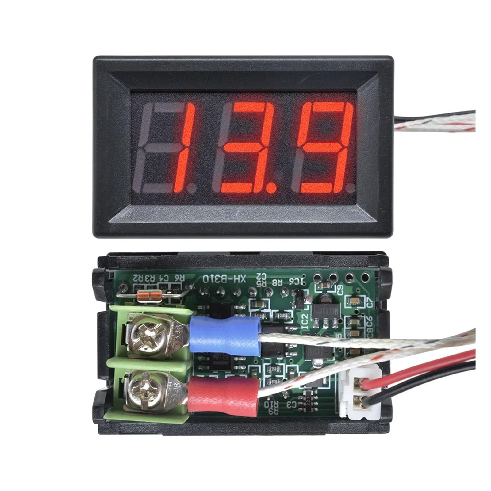 XH-B310 LED Thermometer, 12V K-Type M6-30 to 800°C | K-type M6 threaded thermocouple meter. Range -30 to 800°C. LED display red/blue/green.(Green)