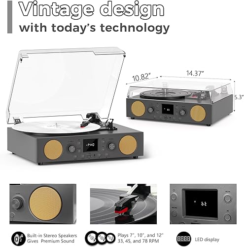 Miniatura 4 de VinylsLink - Tocadiscos de 3 velocidades accionado por correa con altavoces integrados, radio FM, Bluetooth, salida de línea RCA, entrada AUX,