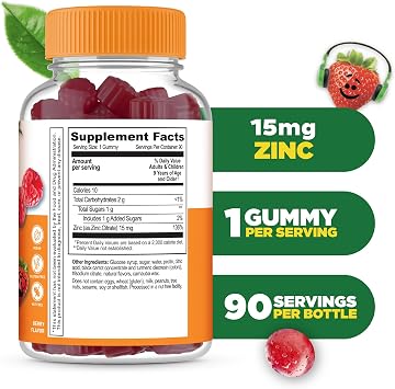 Lifeable Zinc Gummies for Kids | 15mg | Great Tasting Kids Zinc Supplements | Vegetarian Zinc Vitamins | for Healthy Skin and Immune Support for Children | 90 Gummies