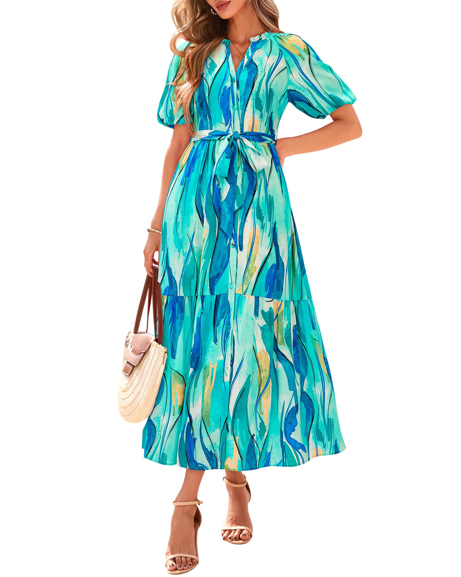 BTFBM Summer Dresses for Women 2026 Boho Short Sleeve V Neck Button Belt Flowy Spring Clothes Beach Vacation Maxi Dress