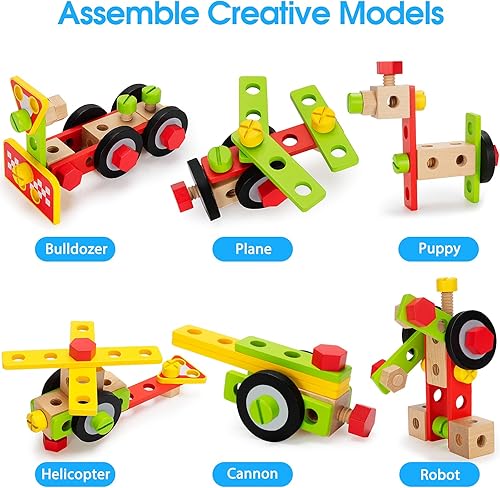 Miniatura 5 de Juego de herramientas para niños con taladro eléctrico, 46 piezas de herramientas de juego de madera para niños pequeños con caja de herramientas,