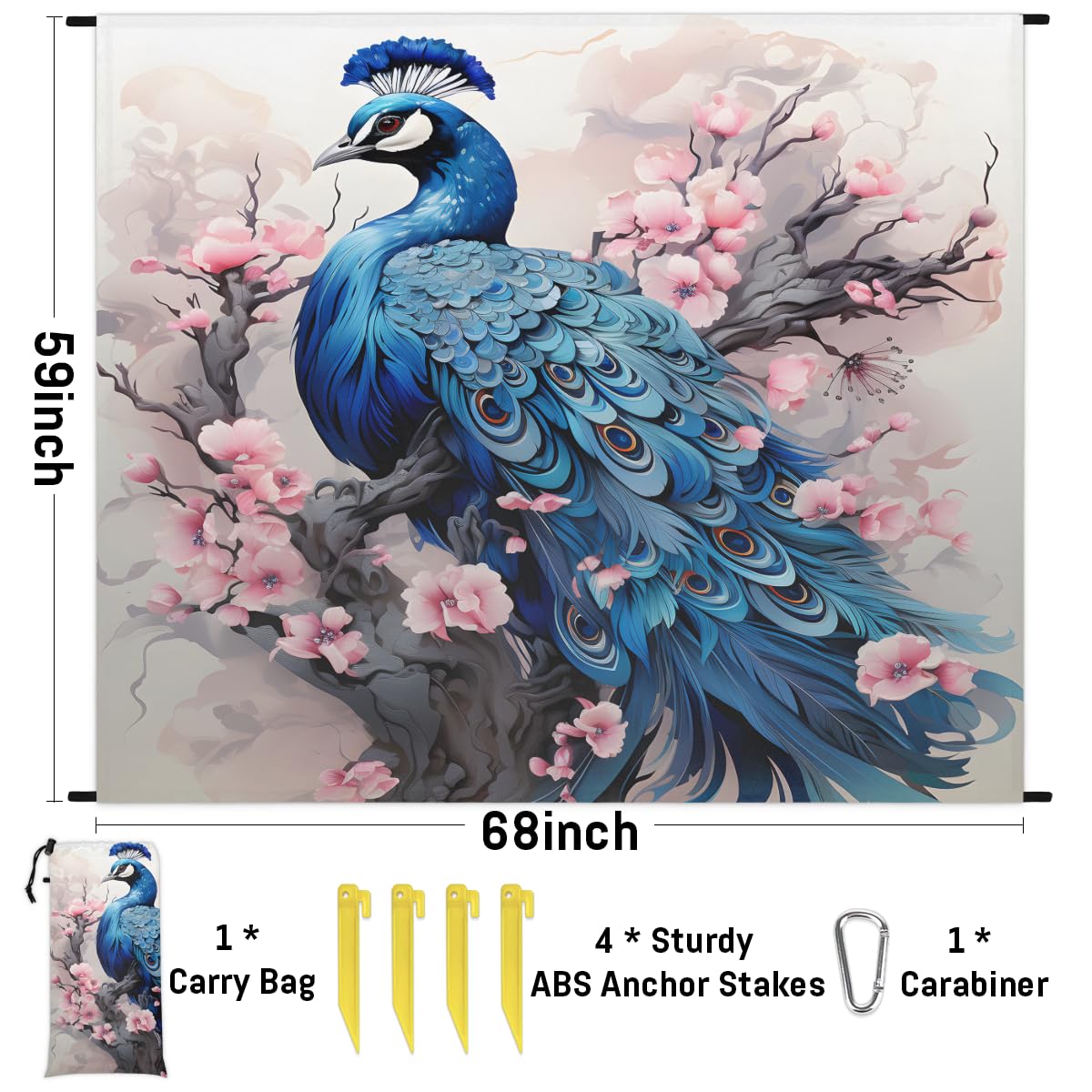 Eabrults Waterproof Sandproof Beach Blanket, 59''×68'' Animals Polyester Outdoor Picnic Blanket with 4 Stakes & Storage Bag for Beach,Camping,Vacation Blue