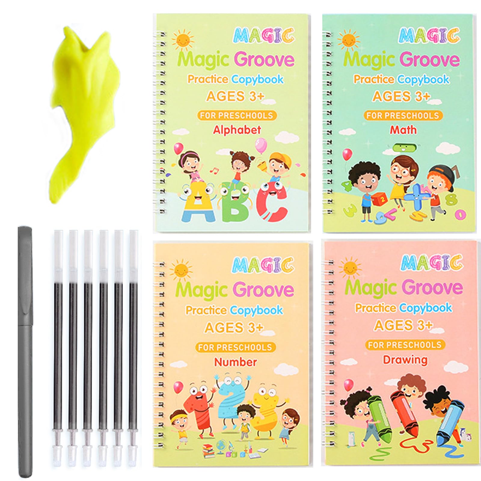 Groovd Magische Schreibbücher Für Kinder – 4er-Set, Wiederverwendbar Mit Stift Für Handschrift & Mathe (3-8 Jahre)