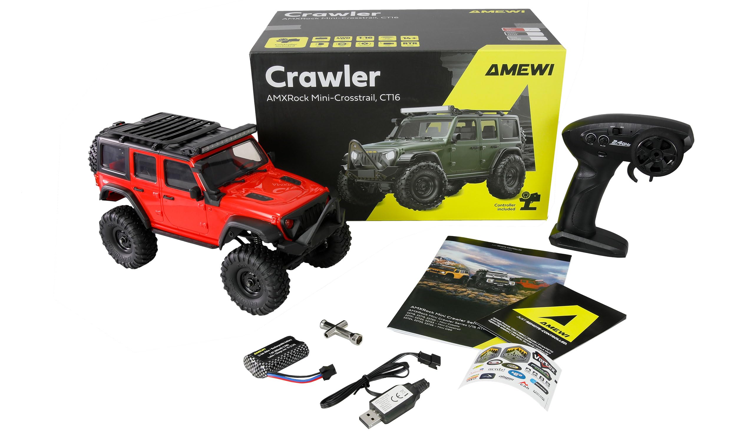 Amewi AMXRock Mini-Crosstrail Scale Crawler 4WD 1:16 RTR rot inkl. Fernsteuerung, Akku, Ladekabel
